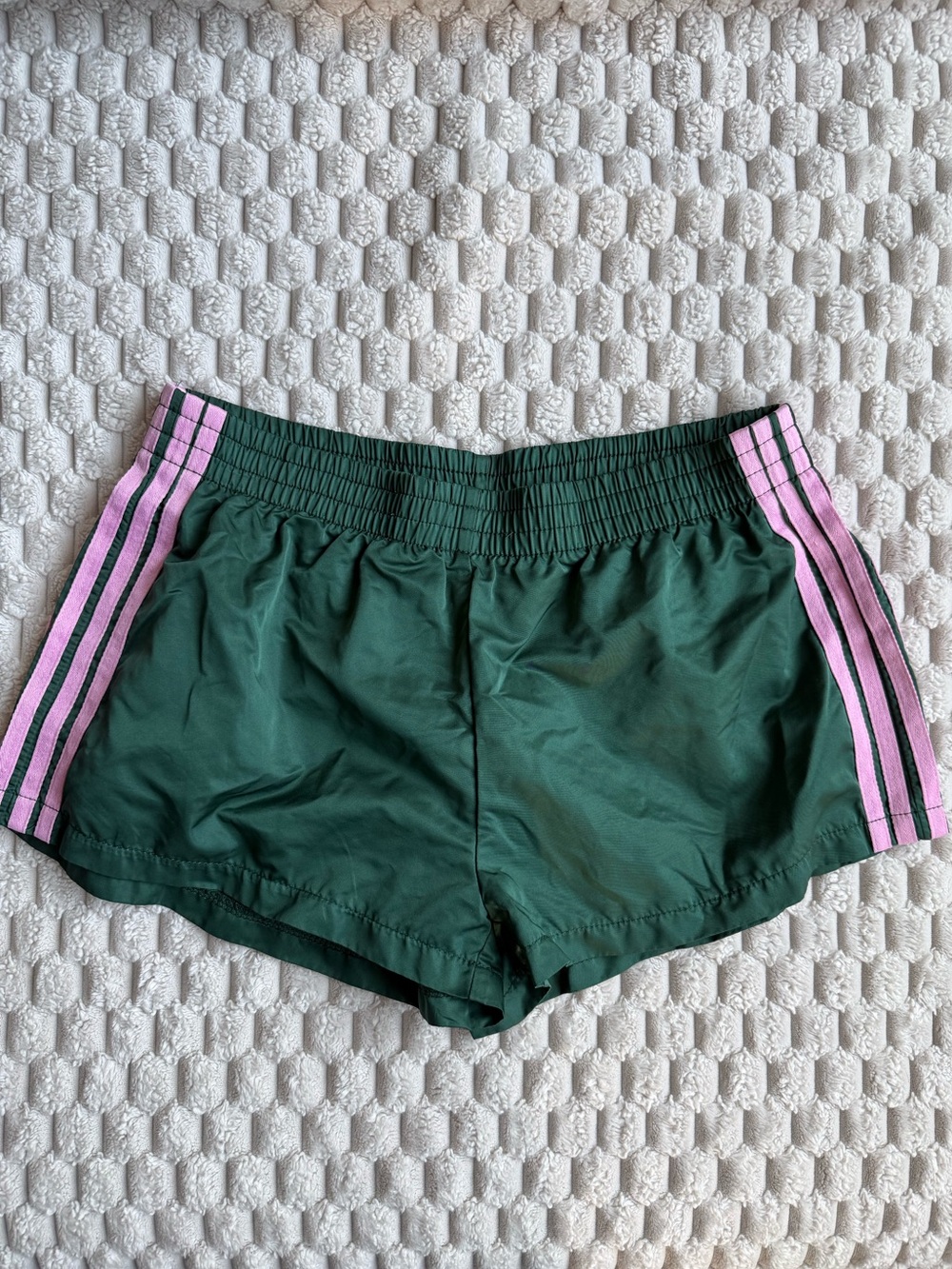 Edikted Dark Green Athletic Shorts with Pink Side Stripes